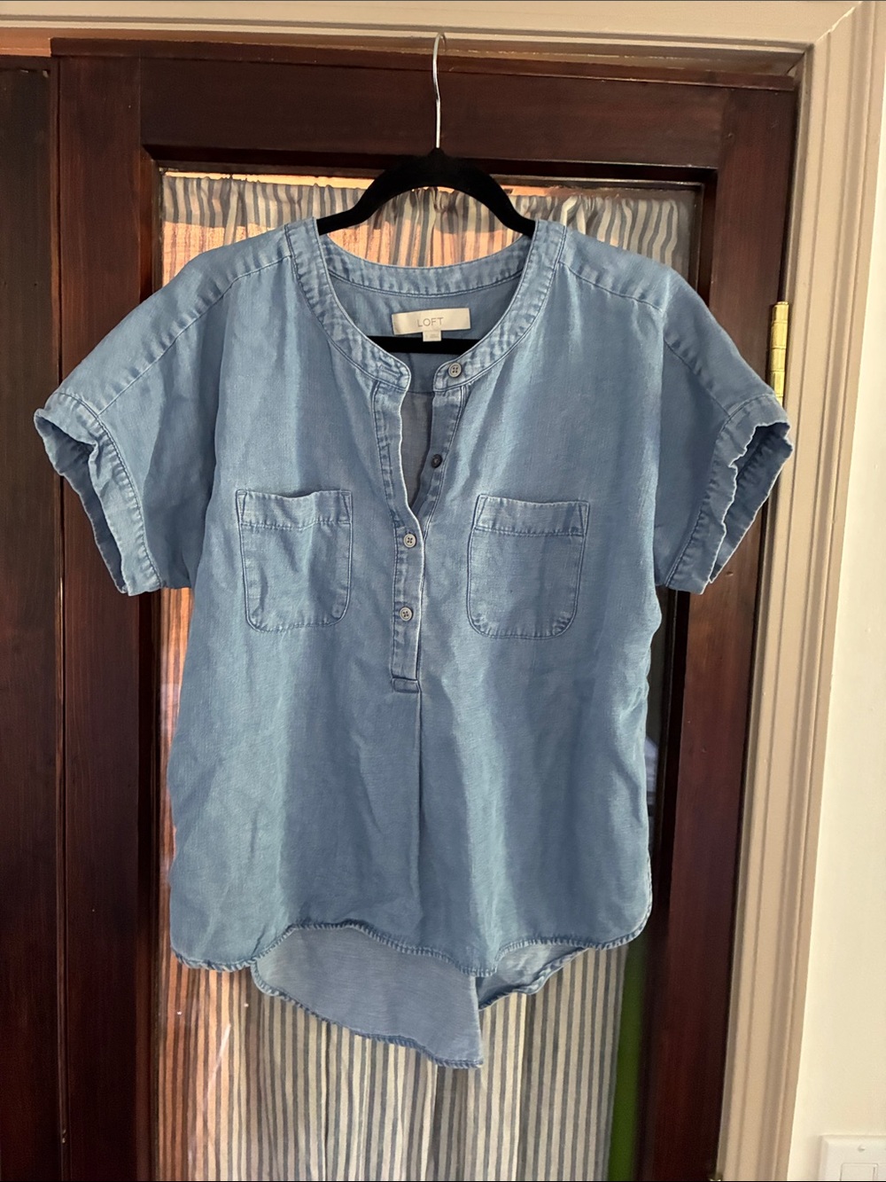 LOFT Light Blue Short-Sleeve Button-Front Top